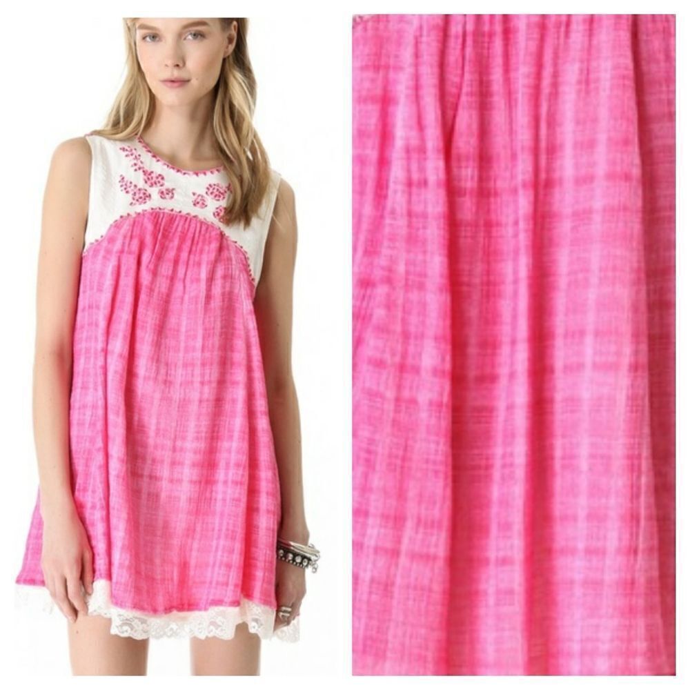 Free People‎ Pink Strawberry Fields Embroidered Mini Dress